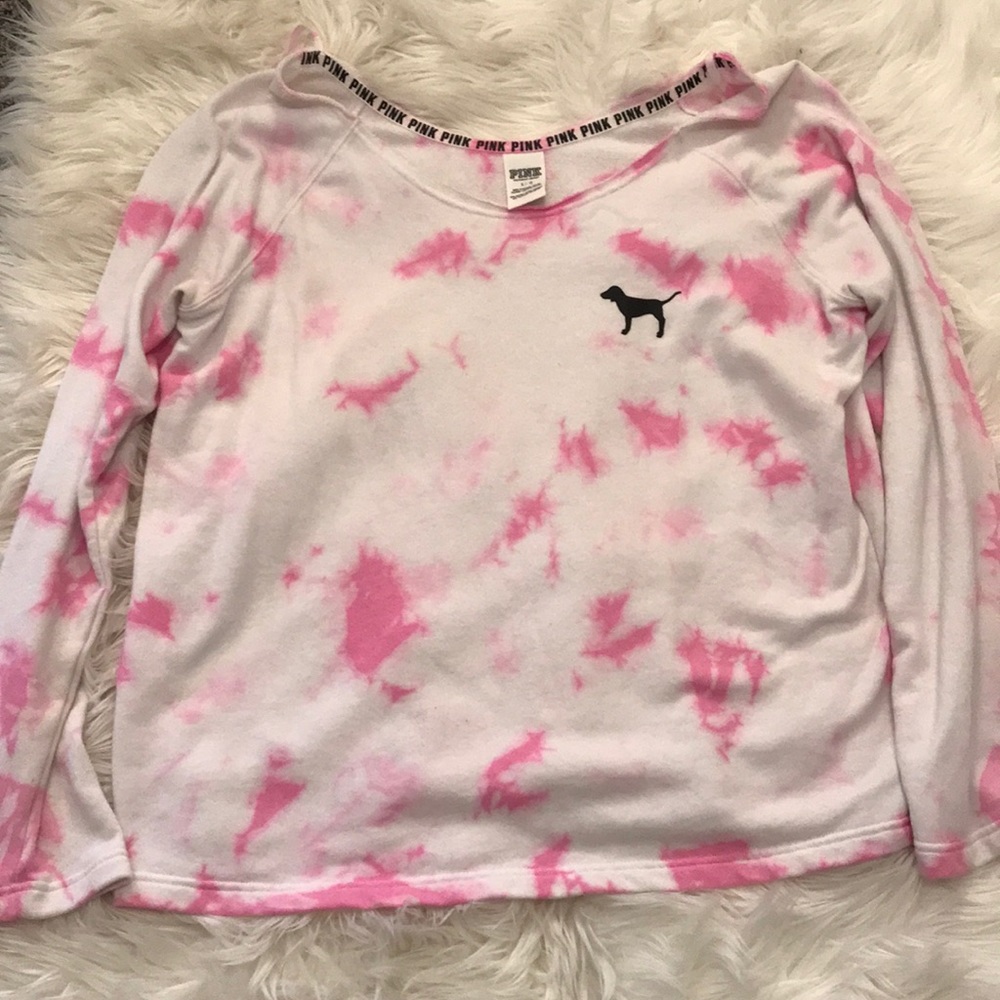 VS pink tie dye off shoulder sweater